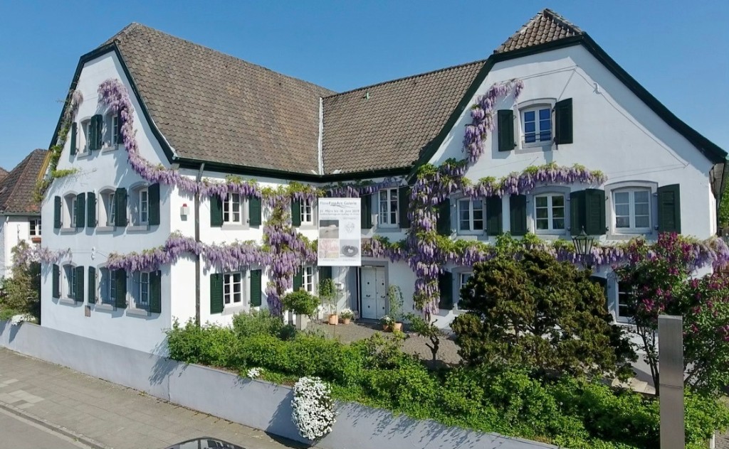 The white villa with wisteria, green shutters, and a banner by the door.