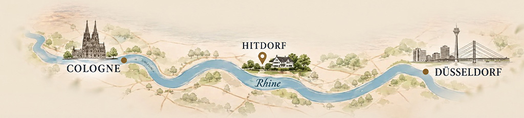 A map of the Rhine from Cologne through Hitdorf to Düsseldorf.