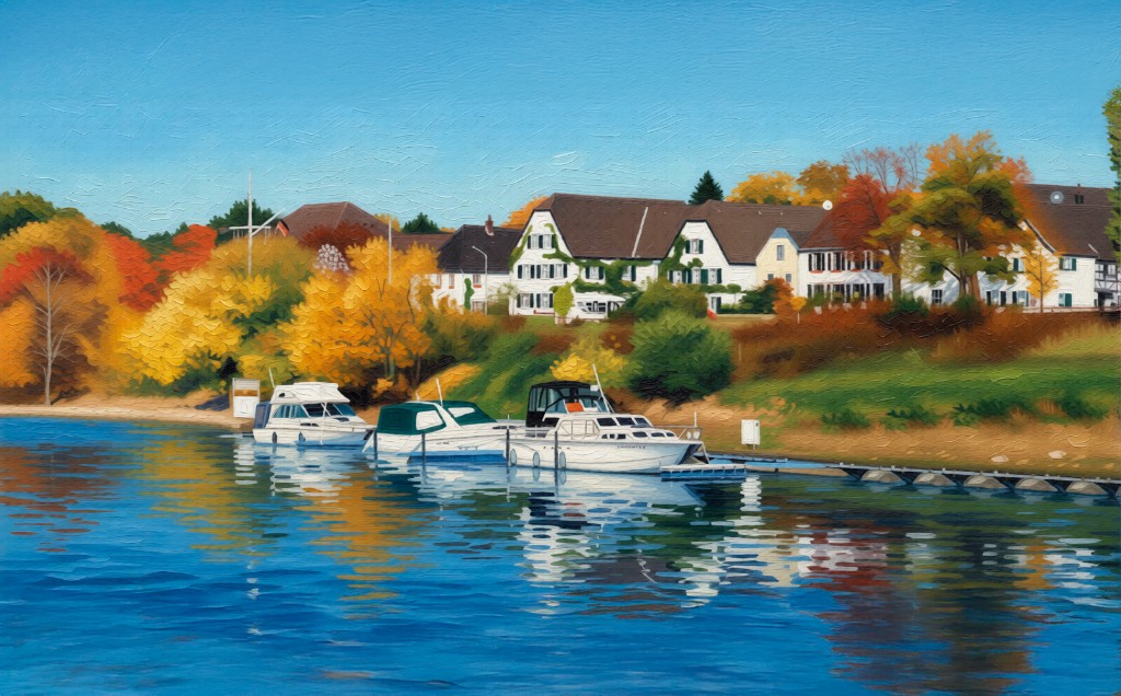 Ein Gemälde vom Rhein, mit Booten am Steg und Häusern zwischen Herbstbäumen.