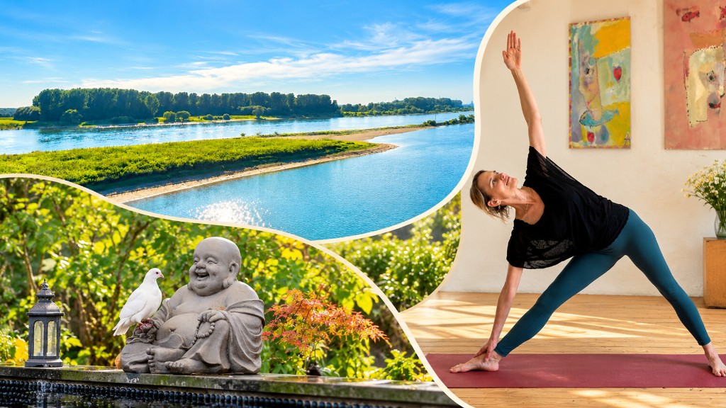 Yoga Hotel am Rhein in NRW, zwischen Köln und Düsseldorf: der Fluss, ein Buddha im Garten und Yoga im Haus.